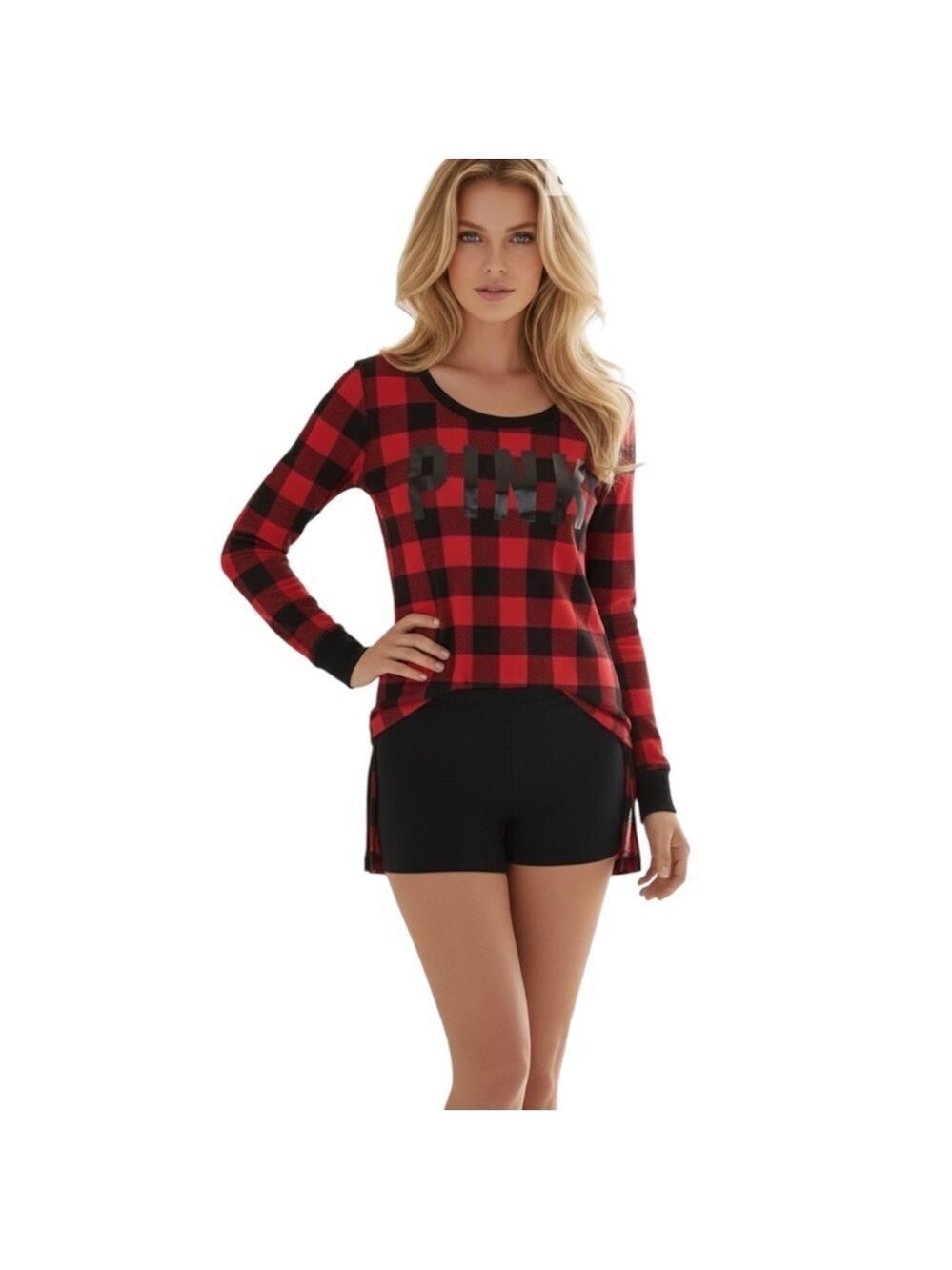 Victoria’s Secret PINK XS Red Black Buffalo Check Plaid Thermal Long Sleeve Top